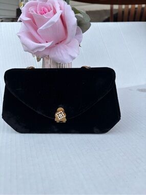 Vintage Black Velvet Mini Bag with Gold Rhinestone Clasp